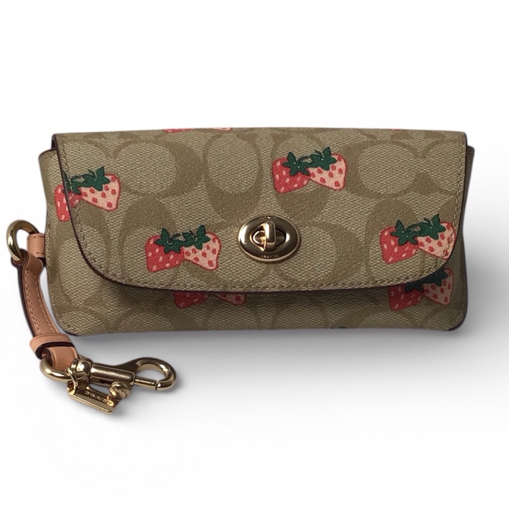 Coach Straw-Tan Signature Strawberry Print  Wristlet with Gold Hardware